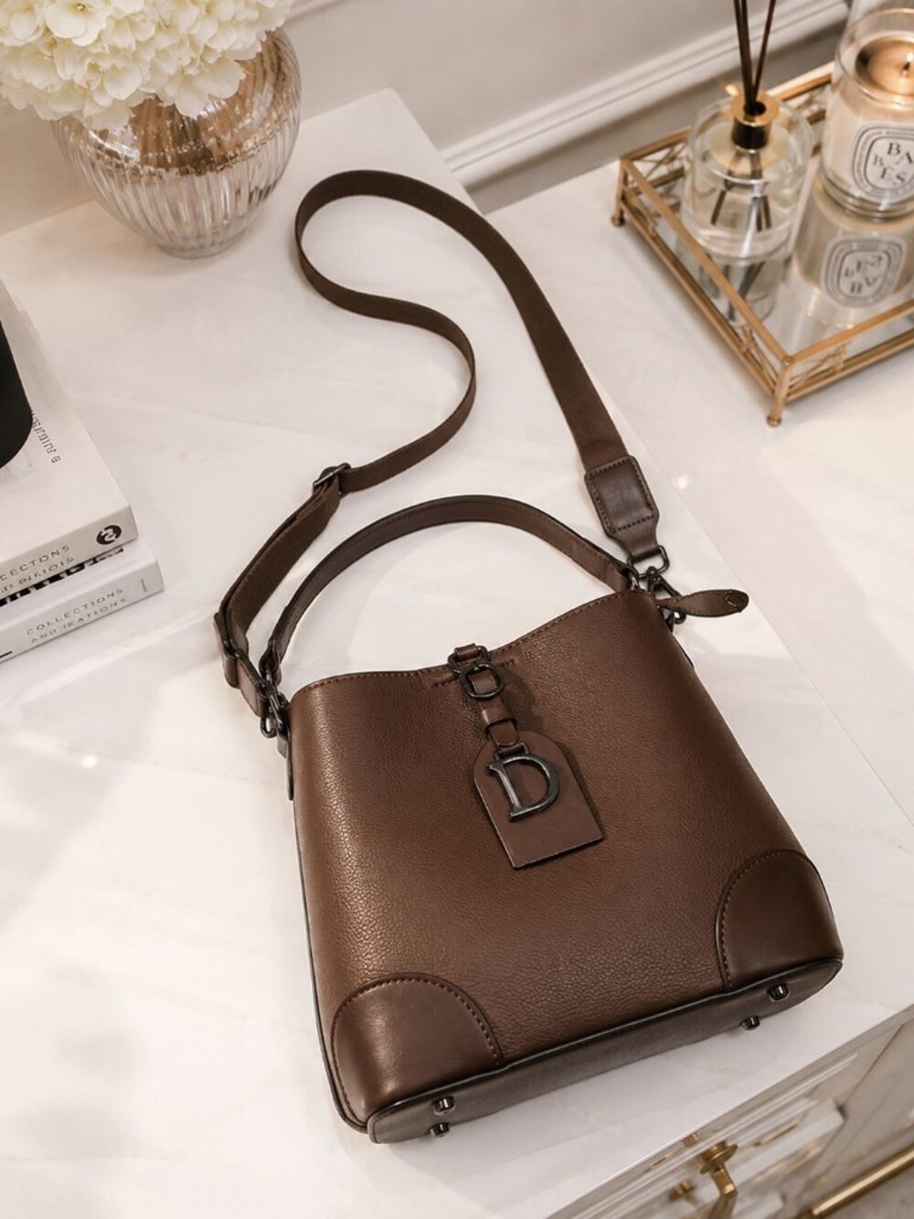 Brown Crossbody Bag Adjustable Detachable Strap Zipper Closure Everyday Purse - Picture 6 of 7